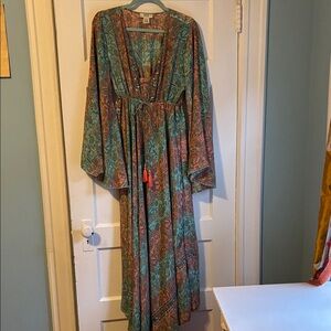 Zury Boho Floral Green Paisley Silk blend Maxi Dress with Tassel Tie